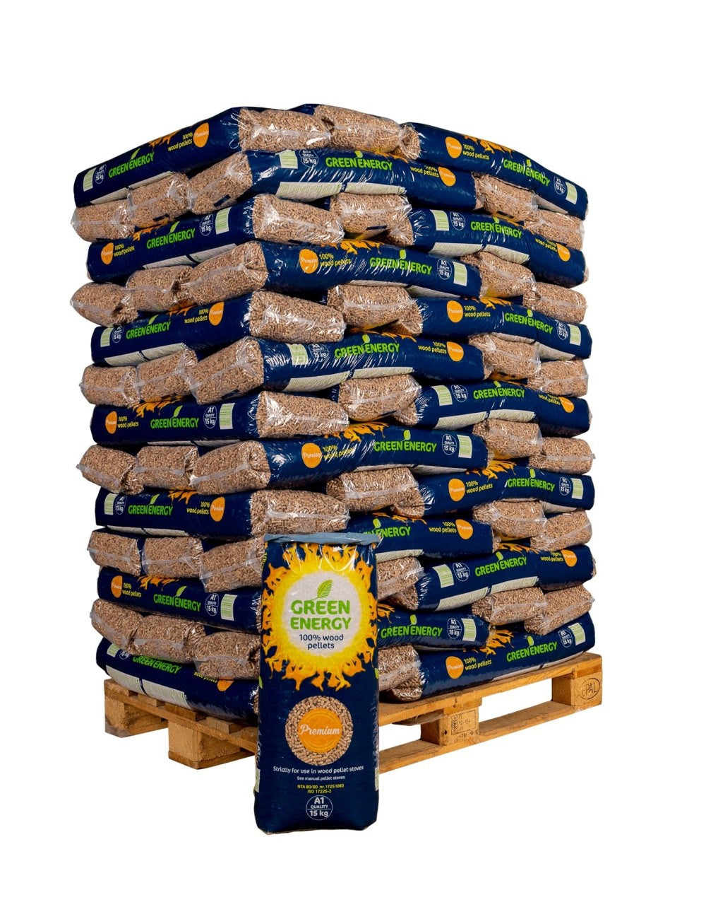 (4,85€/saco) Pellets Green Energy Premium 100% madeira macia DIN+ - palete europeia de 975 kg (65 sacos de 15 kg)